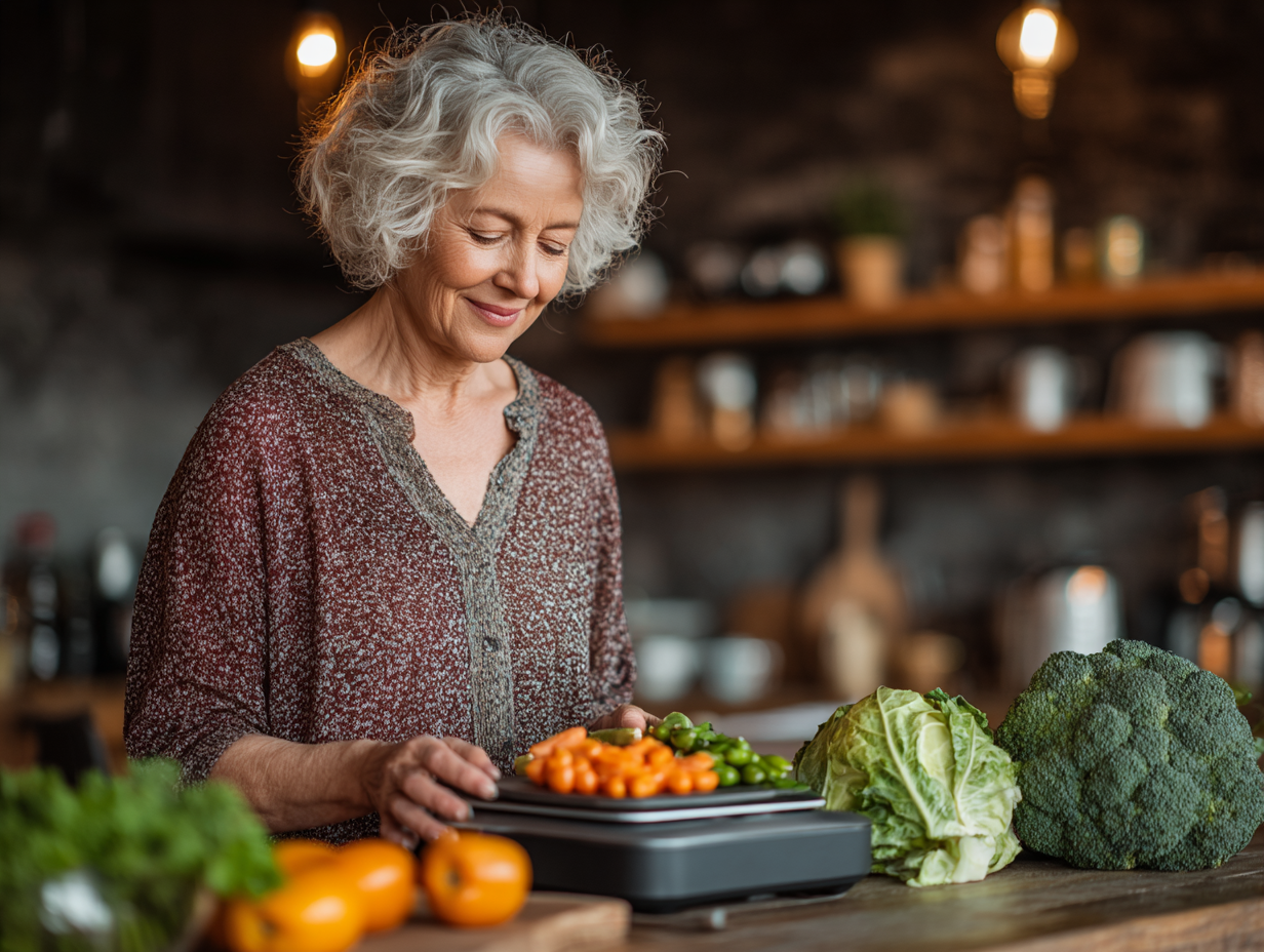 Літня жінка готує здорову їжу на кухні разом з онукою